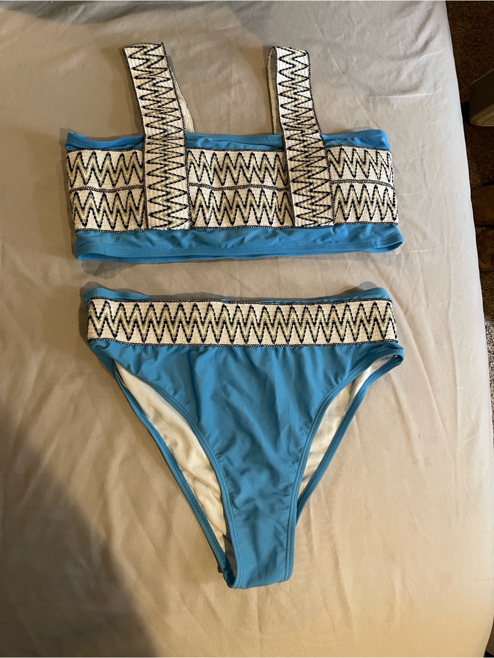 SHEIN Blue & White Embroidered High-Waist Bikini Set